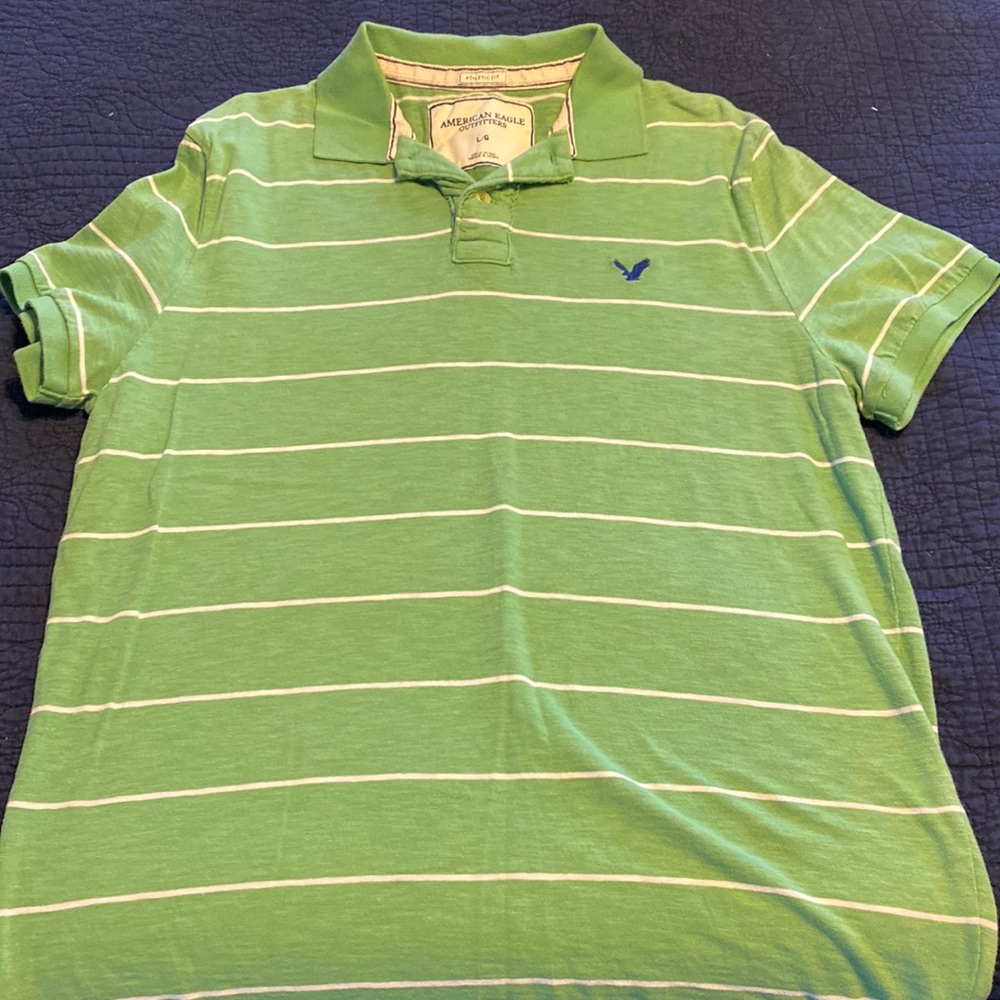 Mens Green with white stripe polo shirt.